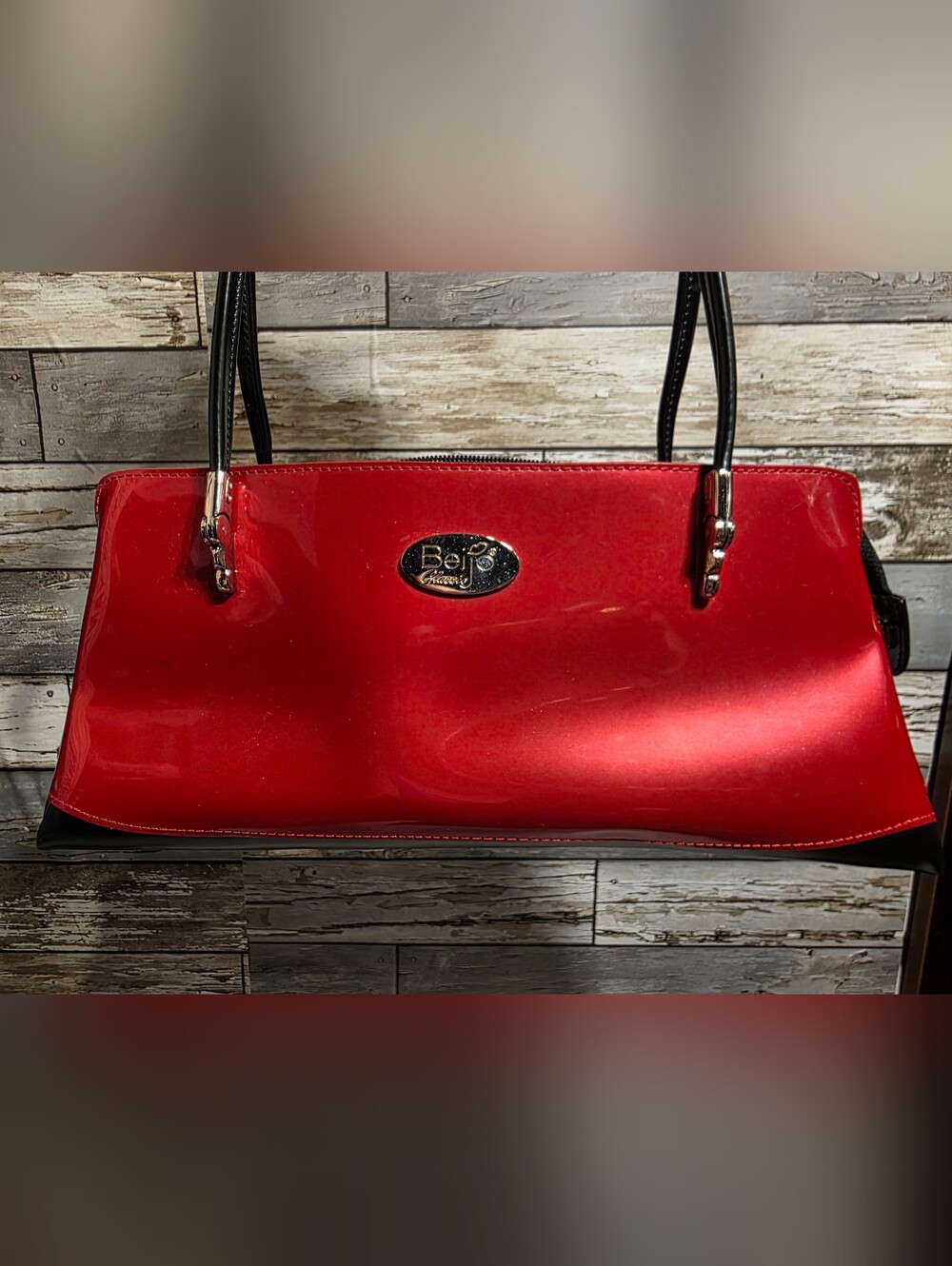 Beijo Red Patent Shoulder Tote with Black Handles
